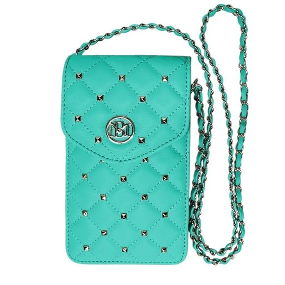 Badgley Mischka vegan leather phone case w/ diamond quilting and studs Green NWT - Picture 2 of 7